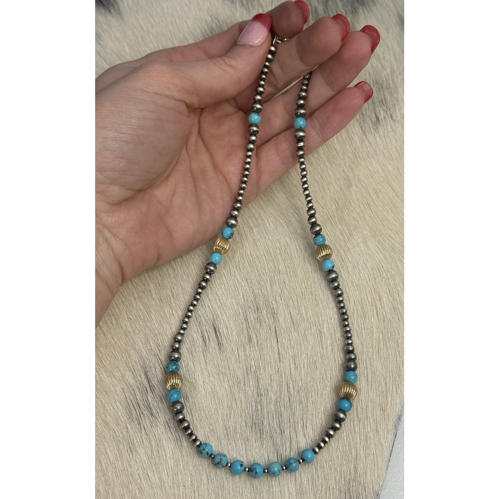 Native American Sterling Silver Vermeil Navajo Pearl Turquoise Rounds Necklace 145$